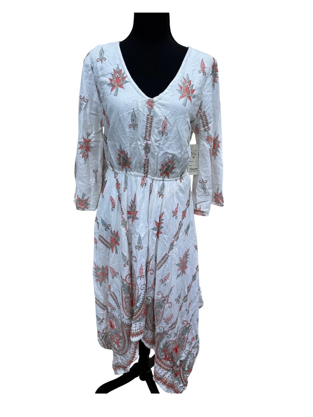 White Floral V-Neck Long Sleeve Midi Dress with Coral Motif